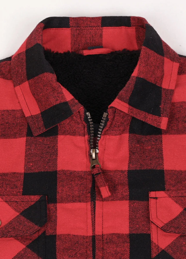 Close-up of the lapel of the black red men's cozy sherpa lined plaid shacket