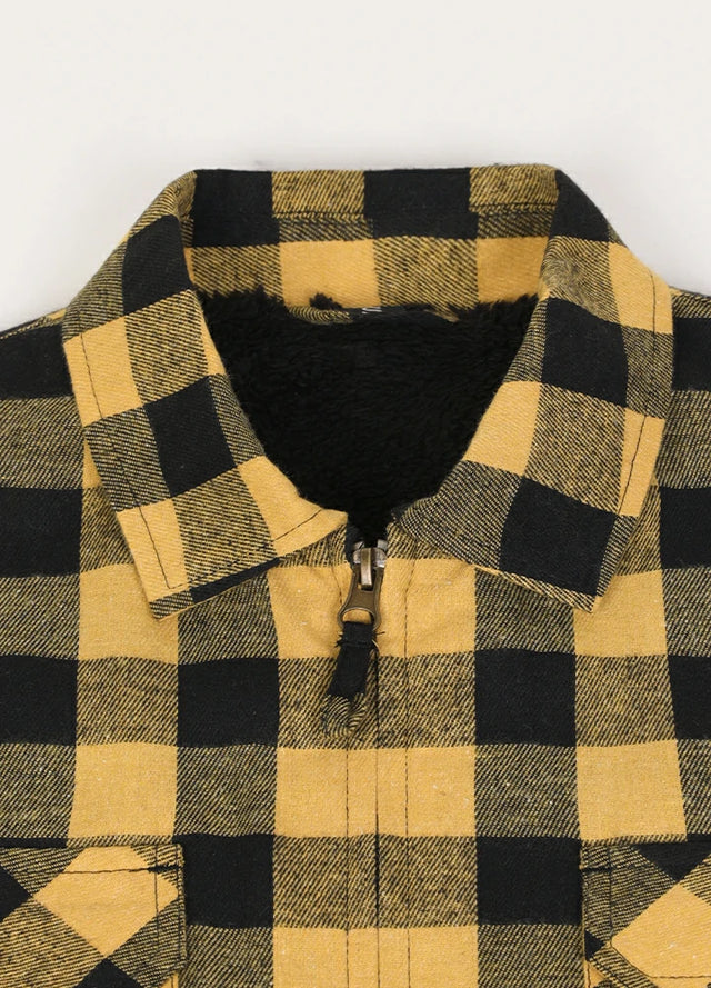 Close-up of the lapel of the yellow and black fleece lined plaid jacket for men