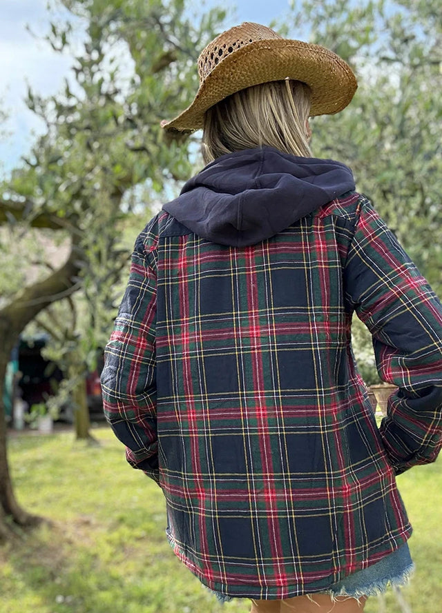 Back view of women in a navy red sherpa lined flannel hooded jacket