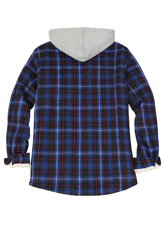 Women's Sherpa-Lined Snap Button Flannel Jacket with Fleece Hood