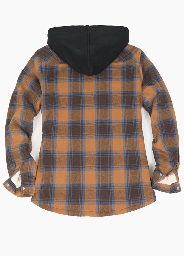 Back view of a women's brown plaid snap flannel plaid hooded jacket