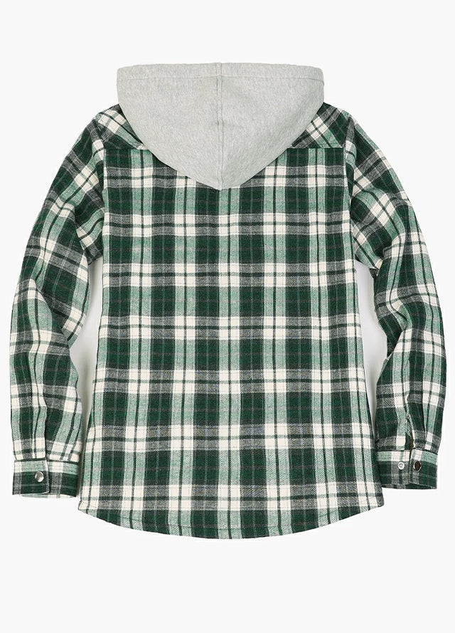 Back view of a women's green plaid snap flannel plaid hooded jacket