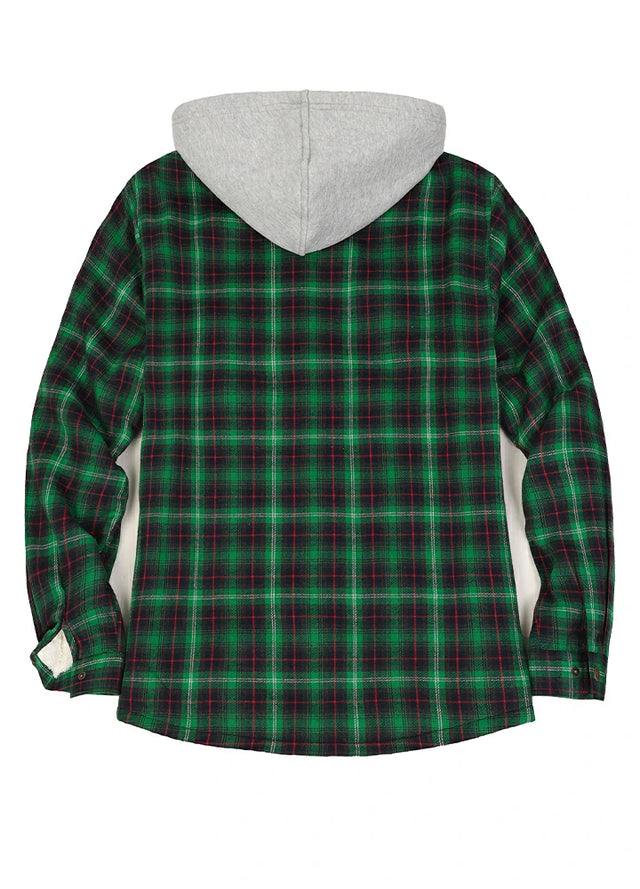 Women's Sherpa-Lined Snap Button Flannel Jacket with Fleece Hood