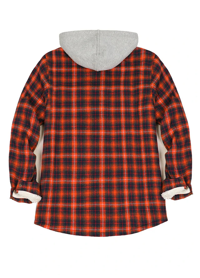Women's Sherpa-Lined Snap Button Flannel Jacket with Fleece Hood