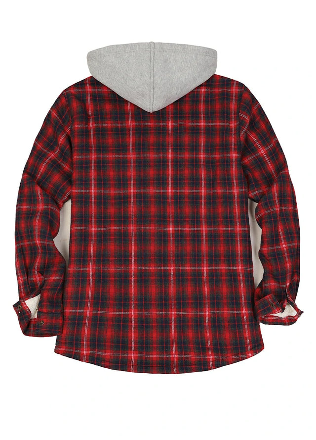 Women's Sherpa-Lined Snap Button Flannel Jacket with Fleece Hood