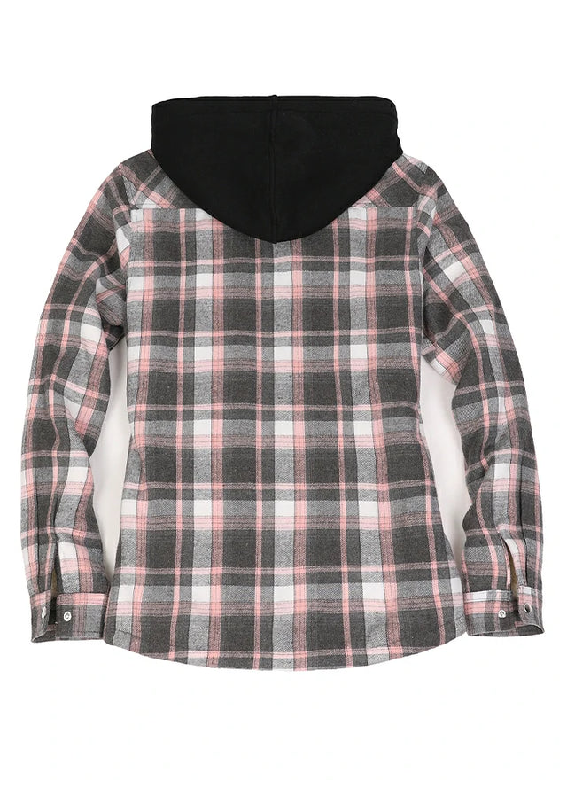 Back view of a women's pink gray plaid snap flannel plaid hooded jacket