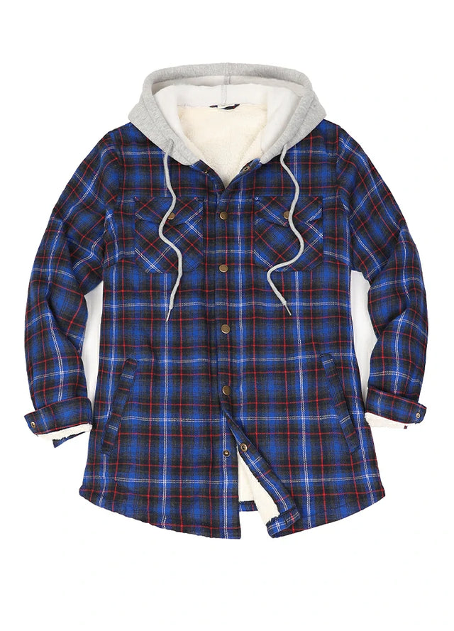 Women's Sherpa-Lined Snap Button Flannel Jacket with Fleece Hood
