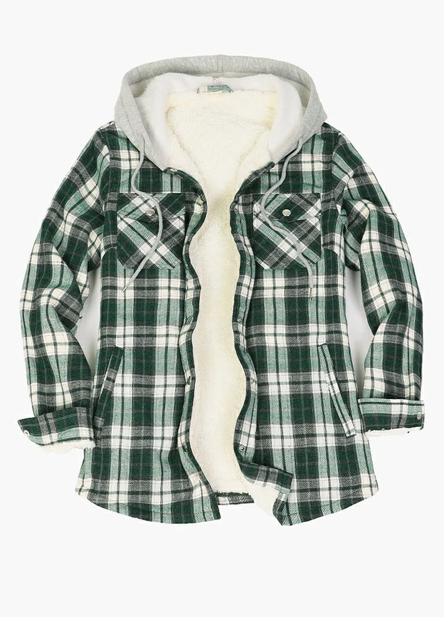 Open view of a womens green plaid flannel hooded with shaerpa lined
