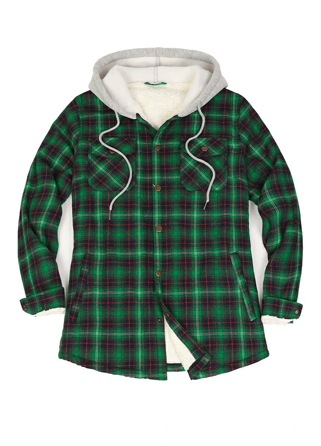 Women's Sherpa-Lined Snap Button Flannel Jacket with Fleece Hood