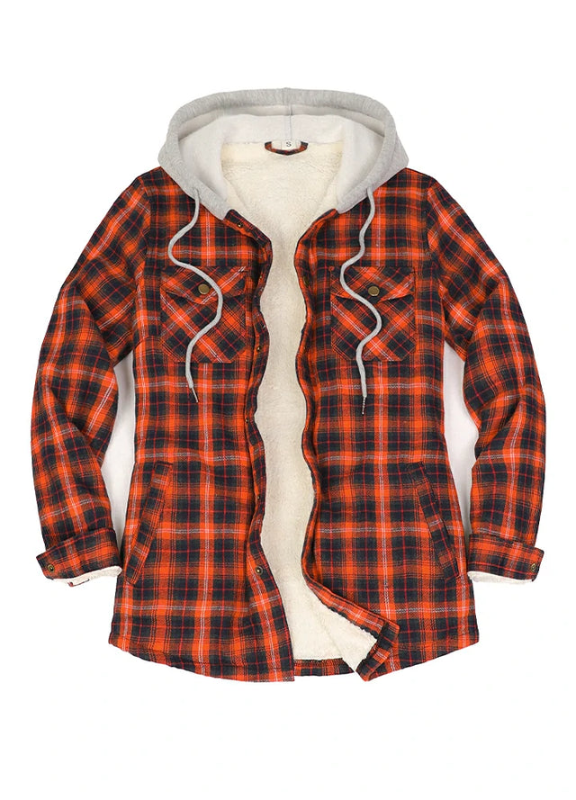 Women's Sherpa-Lined Snap Button Flannel Jacket with Fleece Hood