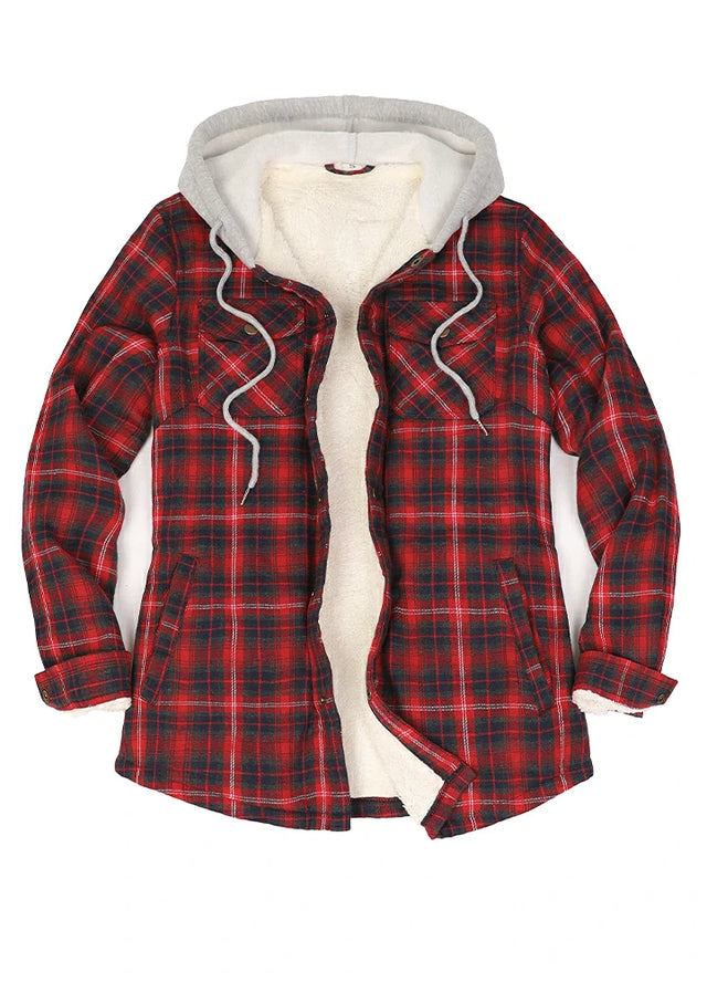 Women's Sherpa-Lined Snap Button Flannel Jacket with Fleece Hood