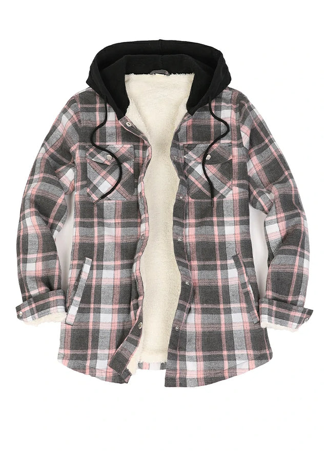 Open view of a womens pink gray plaid flannel hooded with shaerpa lined