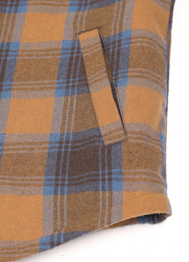 Close-up of womens sherpa-lined brown flannel hooded hand pocket