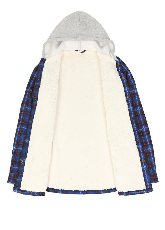 Women's Sherpa-Lined Snap Button Flannel Jacket with Fleece Hood