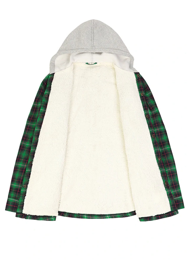 Women's Sherpa-Lined Snap Button Flannel Jacket with Fleece Hood