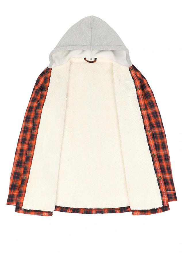 Women's Sherpa-Lined Snap Button Flannel Jacket with Fleece Hood