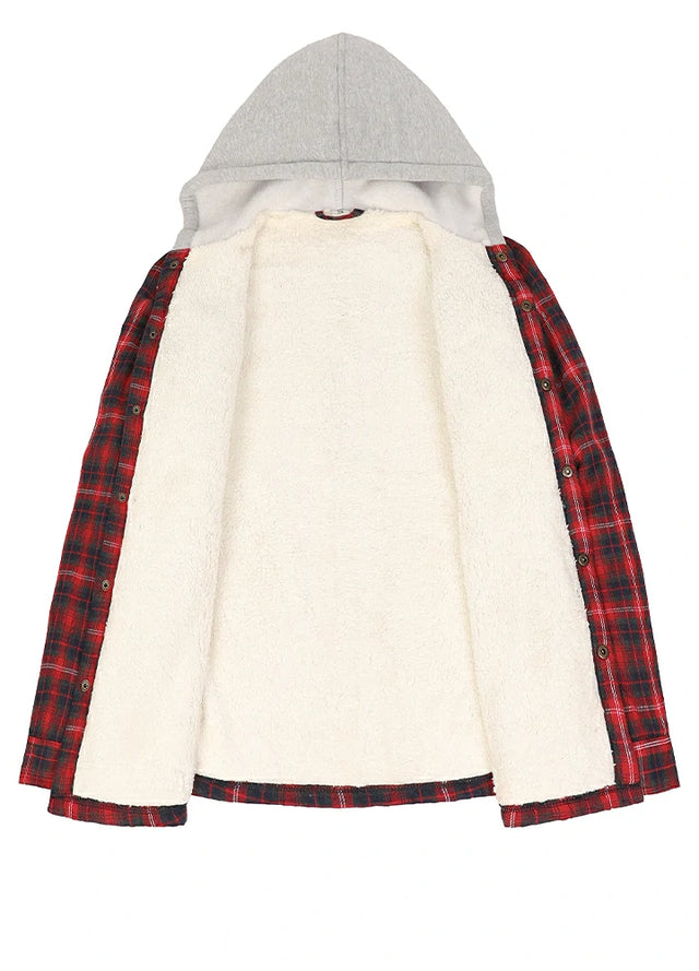 Women's Sherpa-Lined Snap Button Flannel Jacket with Fleece Hood
