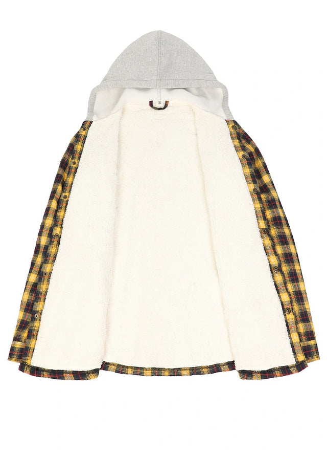 Women's Sherpa-Lined Snap Button Flannel Jacket with Fleece Hood