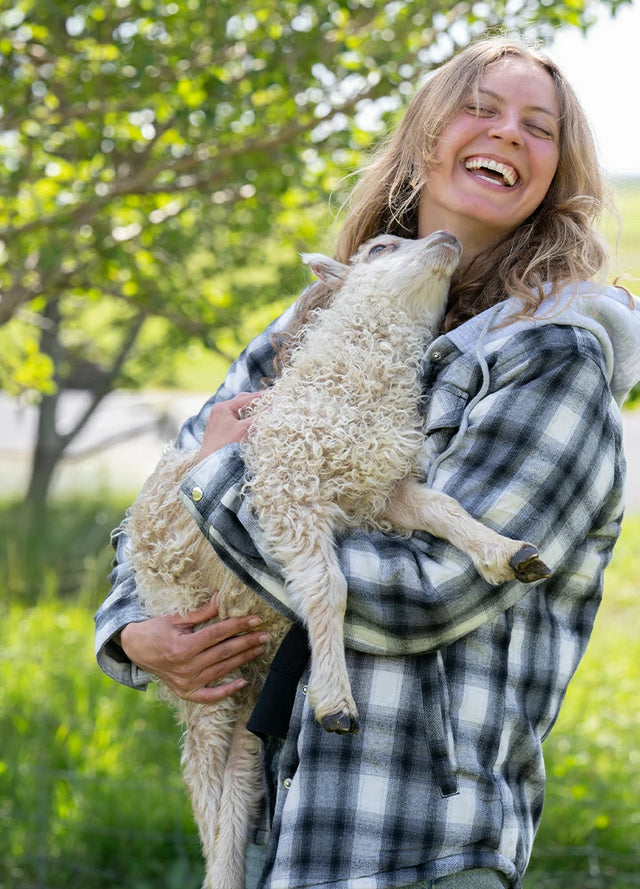 Women in a black white snap button hooded jacket with sherpa lined