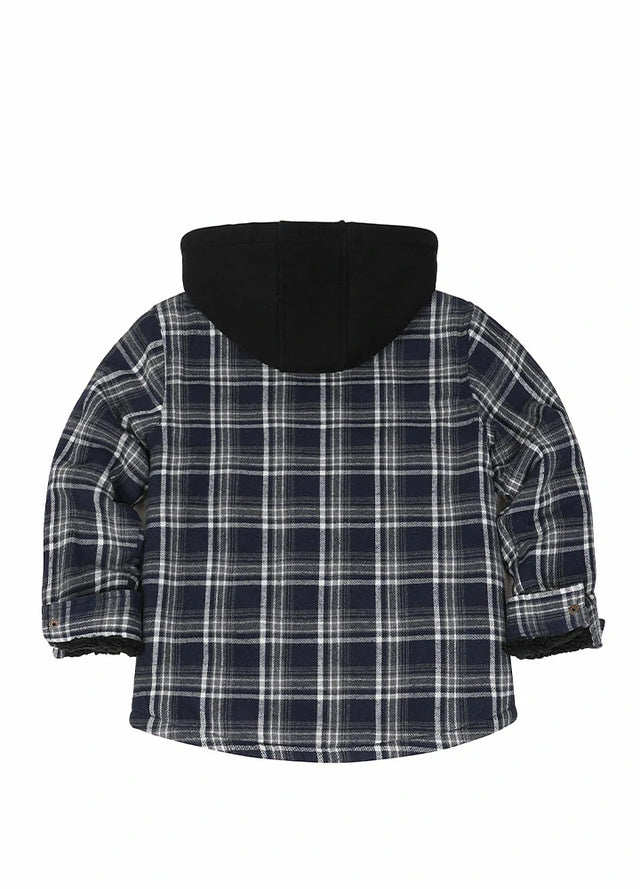 Back view of kids navy white sherpa lined full zip flannel jacket