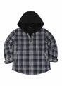 Front view of kids navy white sherpa lined flannel jacket with zipper