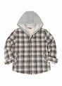 Front view of kids brown white sherpa lined flannel jacket with hood
