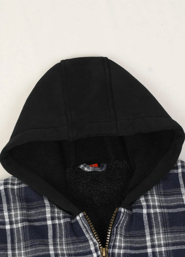 Kids navy white zip-up flannel jacket with sherpa lining