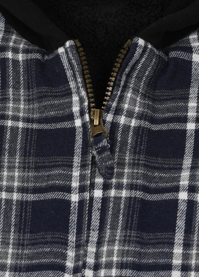 Detailed view of kids navy white plaid flannel jacket with hood