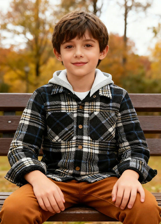 Kids Sherpa Lined Warm Fleece Plaid Jacket with Hood