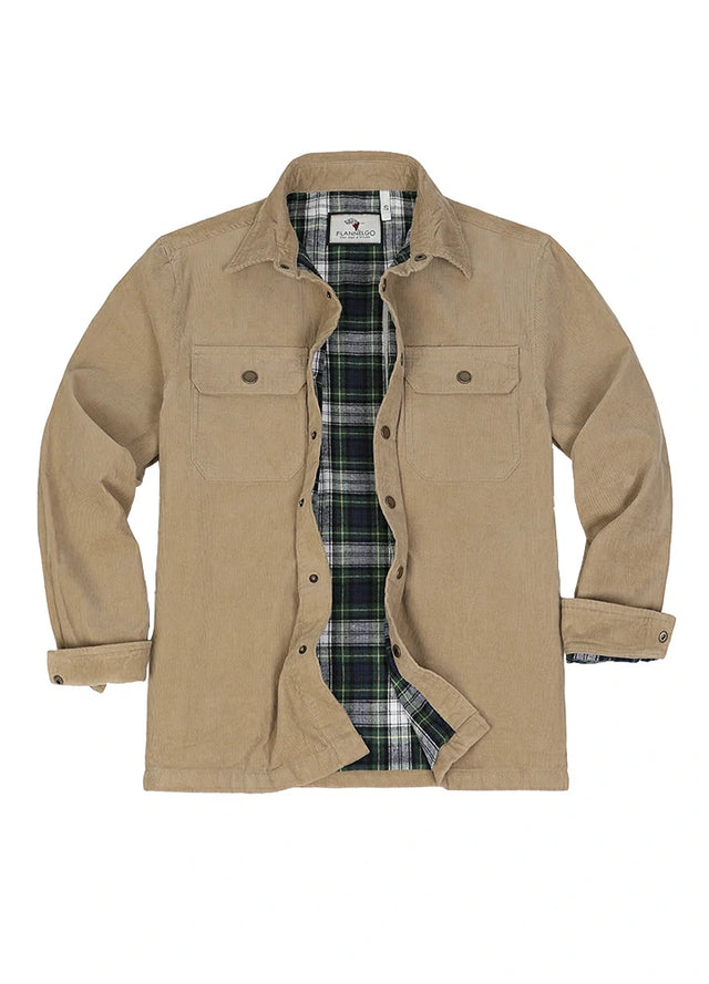 Front view of men's Khaki flannel lined corduroy shirt jacket