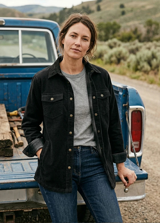 Lifestyle view of a woman wearing charcoal women's oversized fit flannel-lined long-sleeve corduroy shirt jacket-XR191CL-S,XR191CL-M,XR191CL-L,XR191CL-XL