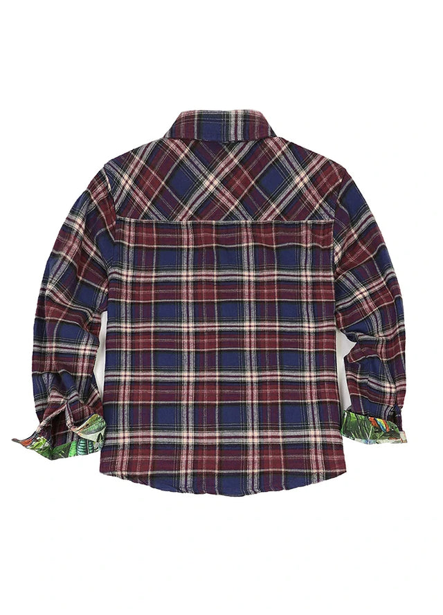 Back view of red and grey kids wildlife adventure flannel plaid shirt
