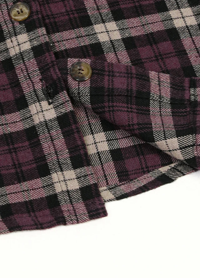 Detailed view of dark brown plaid flannel shirt hem