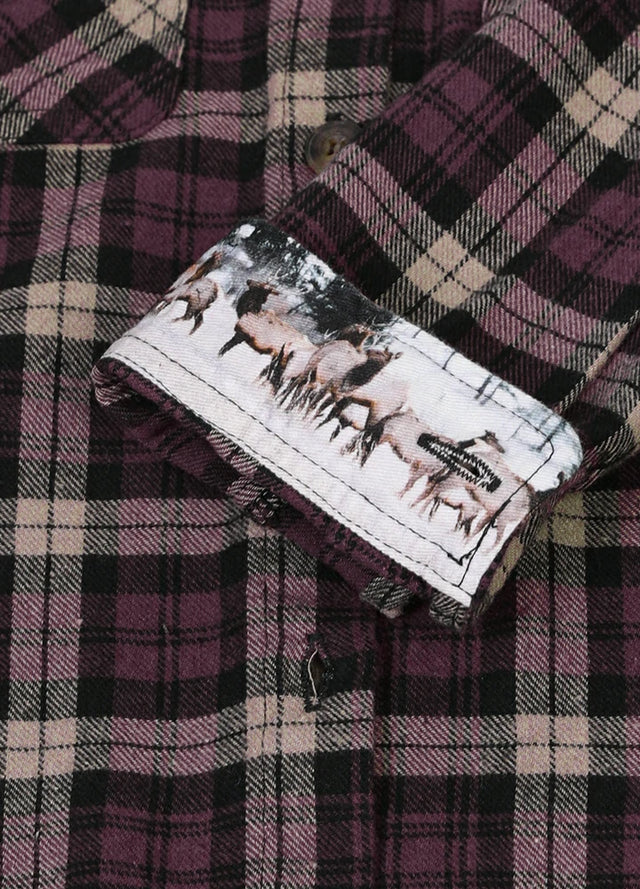 Kids pink khaki flannel plaid shirt cuffs with wildlife pattern detail