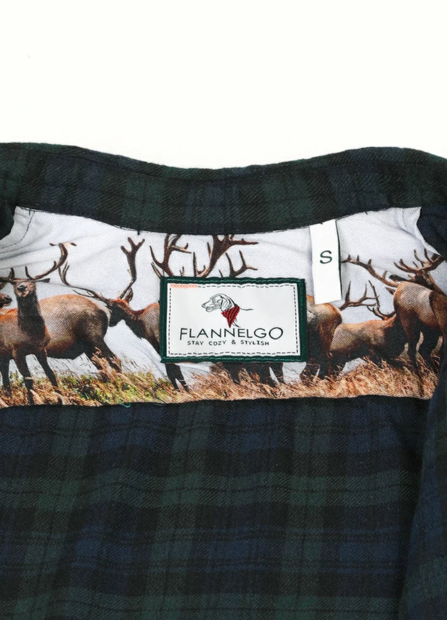 Detail of the printed collar on the men’s dark green plaid flannel shirt