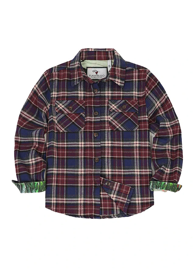 Front view of navy red kids wildlife adventure flannel plaid shirt