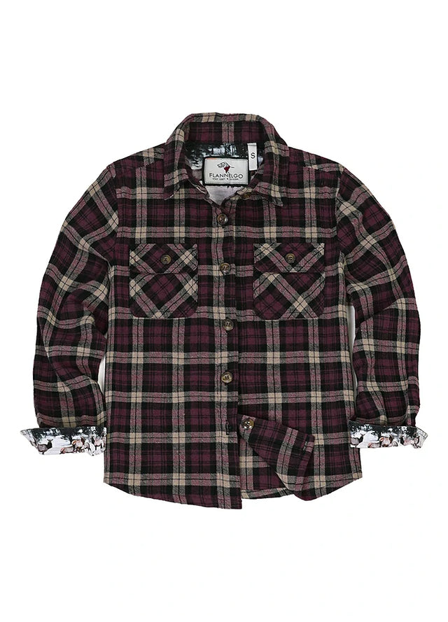 Front view of pink khaki kids wildlife adventure flannel plaid shirt