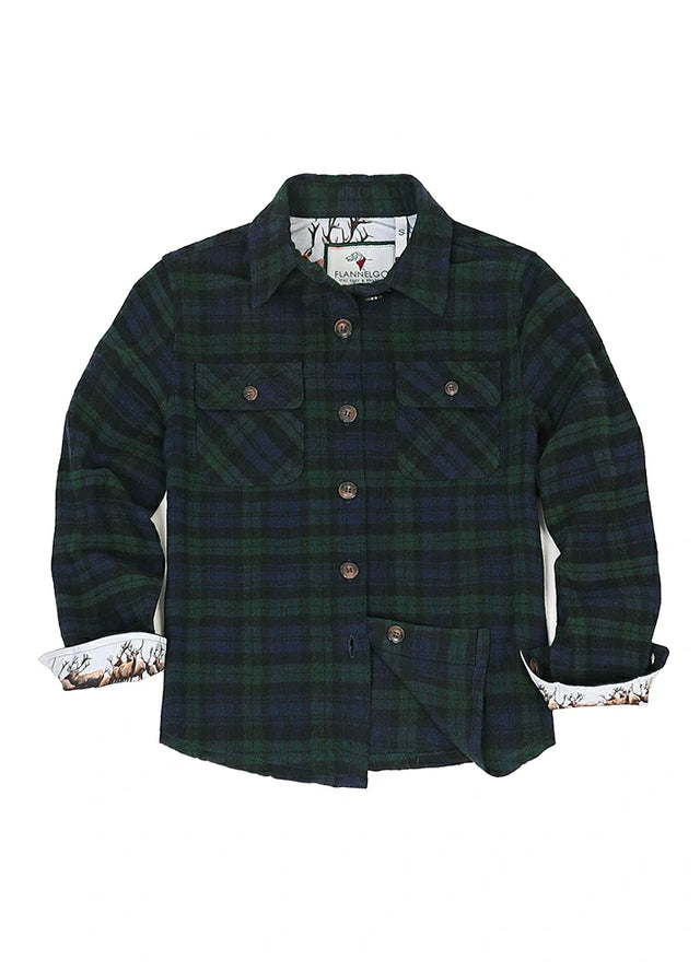 Front view of green kids wildlife adventure flannel plaid shirt