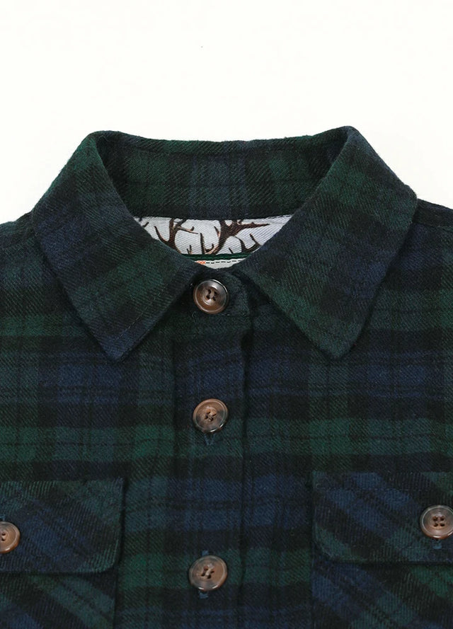 Close-up of mens dark green plaid flannel shirt collar