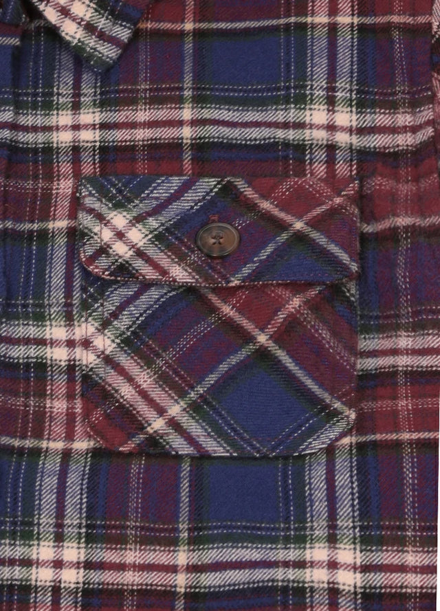 Detail of men's burgundy flannel plaid shirt chest pockets