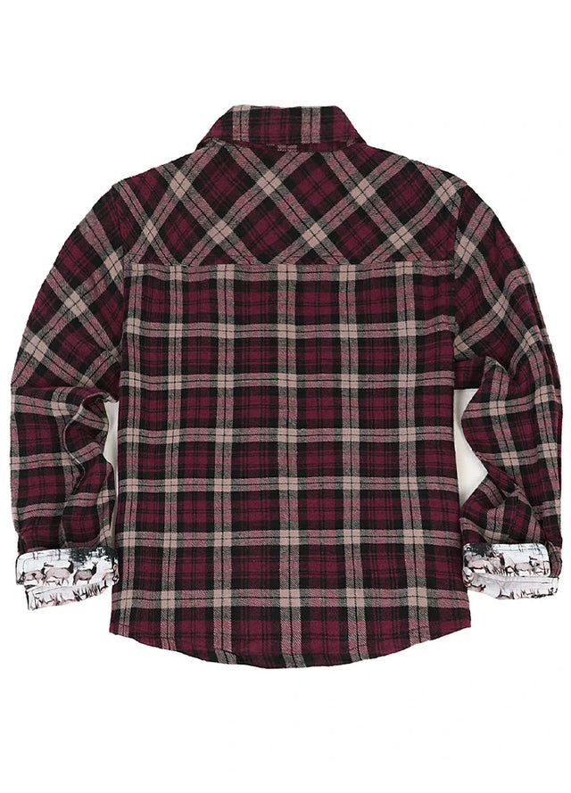 Back view of mens dark brown plaid flanne shirt