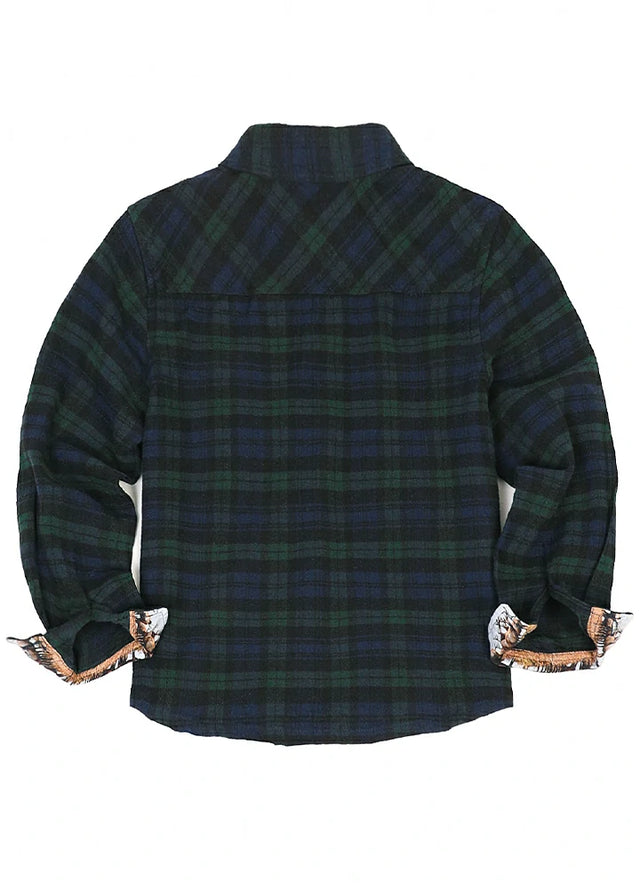 Back view of mens dark green plaid flanne shirt