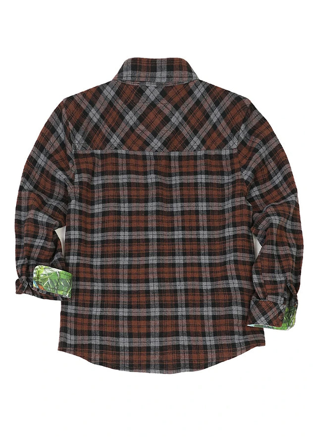 Back view of mens chocolate plaid flanne shirt