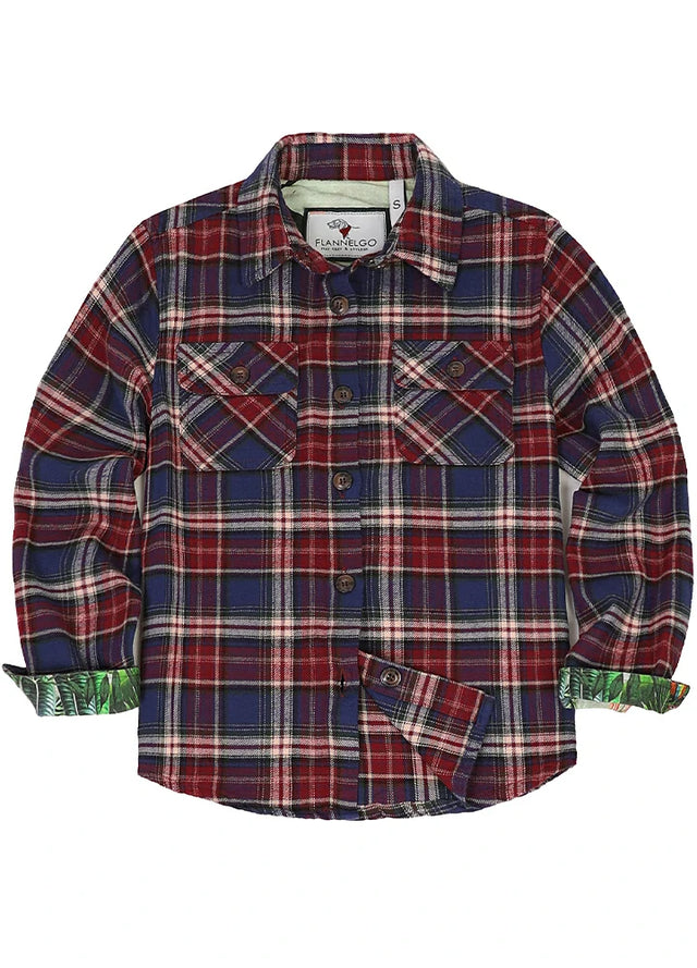 Front view of men's burgundy plaid flanne shirt