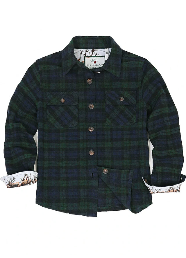 Front view of men's dark green plaid flanne shirt
