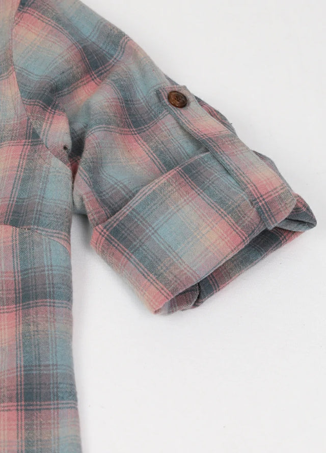 Detailed view of womens blue pink plaid cotton shirt roll up sleeves
