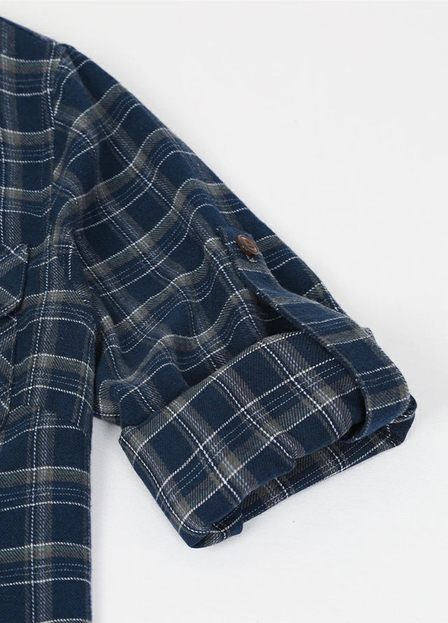 Detailed view of womens navy blue plaid cotton shirt roll up sleeves