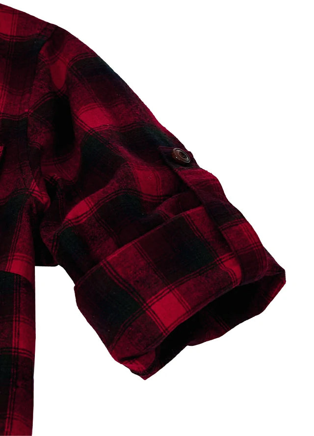 Detailed view of womens red black plaid cotton shirt roll up sleeves