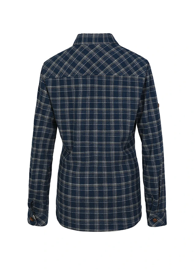 Back view of women in a navy blue cozy flannel shirt with printed