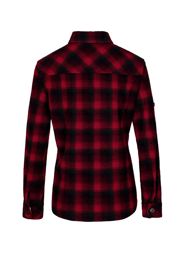 Back view of women in a red black cozy flannel shirt with printed